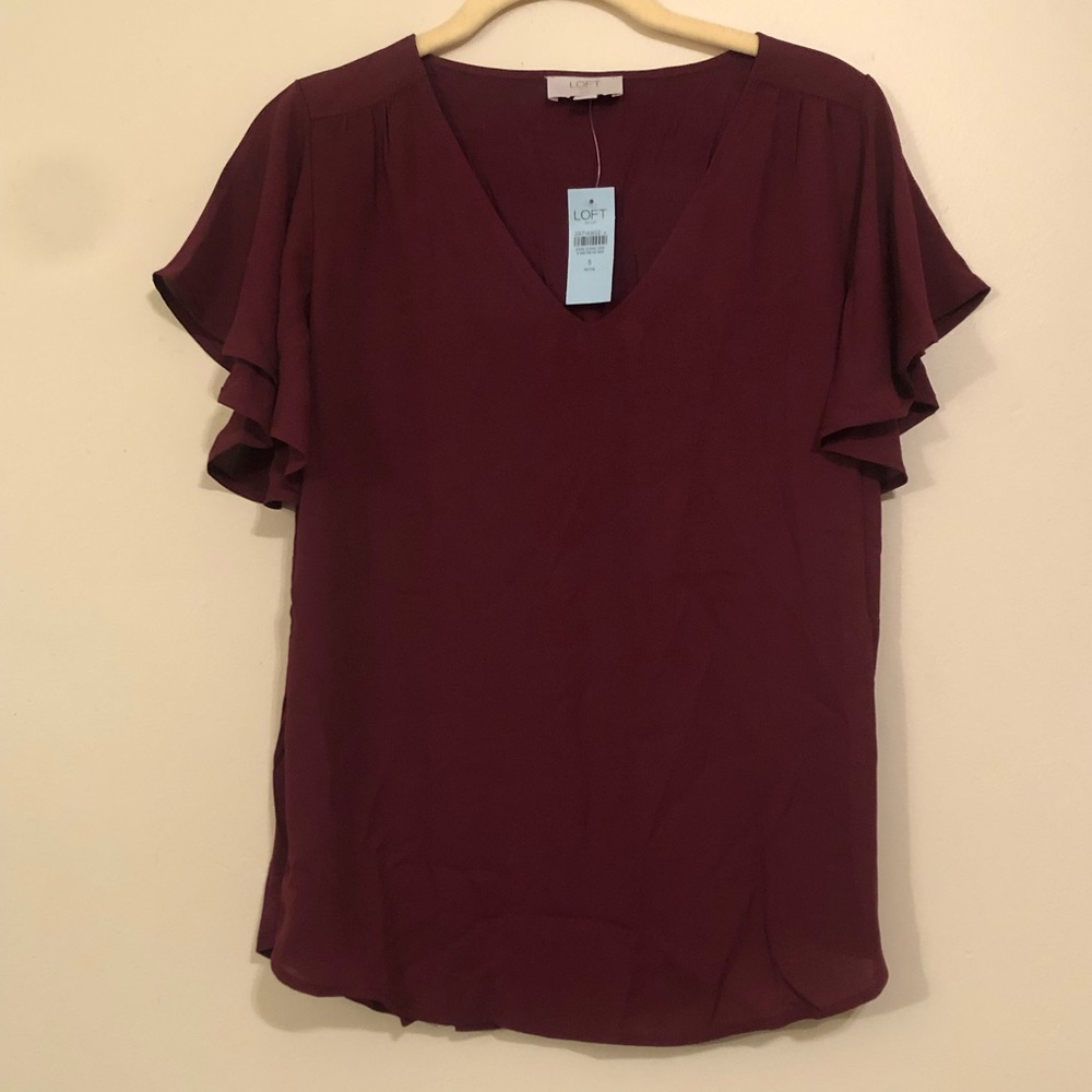 💙 LOFT Outlet Mixed Media V Neck Blouse - Small Petite - Plum Jam 💙
